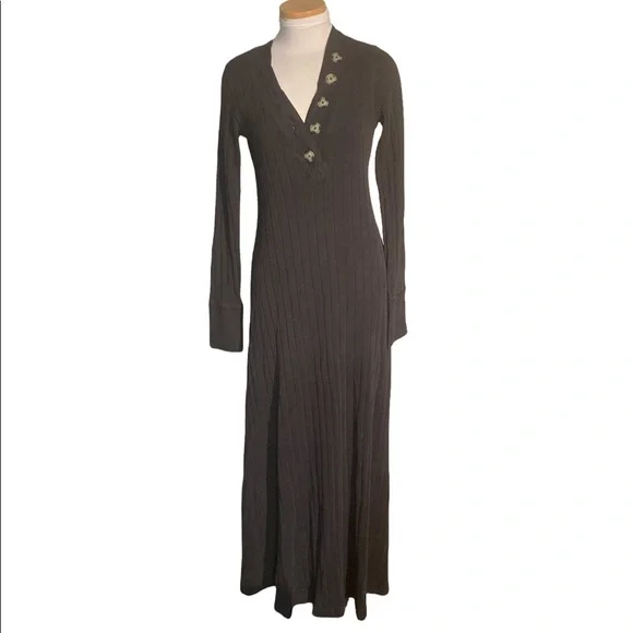 Free People Beach Black Sunflower Ribbed Knit Long Sleeve Maxi Dress Size Small - Picture 2 of 10